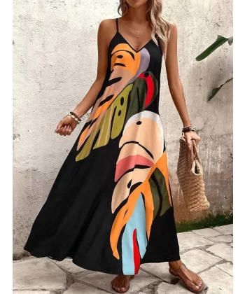 Kadın Ip Askılı V Yakalı Desenli Süprem Maxi Elbise