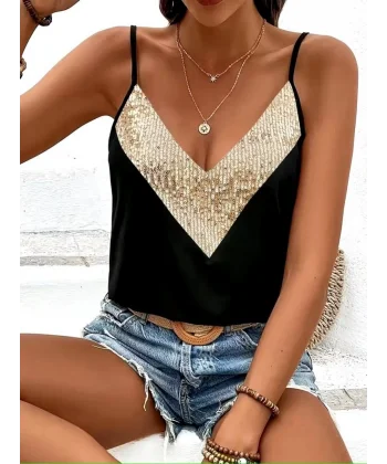 Kadın Ip Askılı V Yakalı Pulpayet Detaylı Sandy Bluz