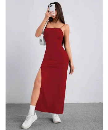 Kadın Ip Askılı Yandan Yırtmaçlı Janjan Krep Elbise