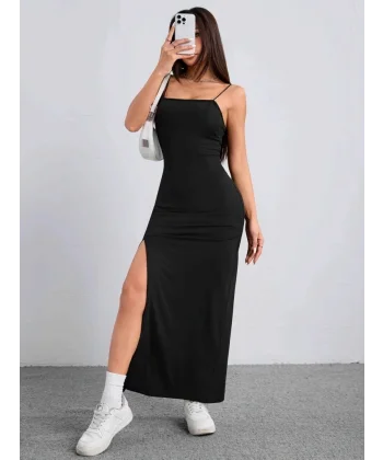 Kadın Ip Askılı Yandan Yırtmaçlı Janjan Krep Elbise