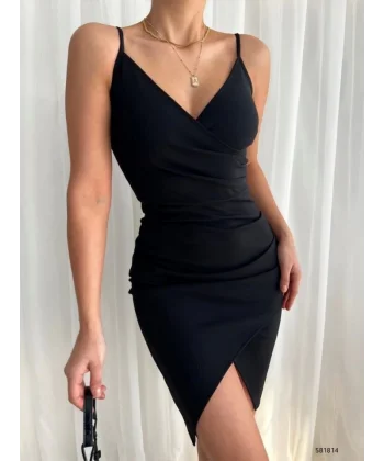 Kadın İp Askılı Yırtmaçlı Büzgülü Elbise