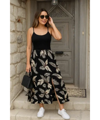 Kadın Ip Askılı Yuvarlak Yaka Belden Dantelli Desenli Yırtmaçlı üst Viskon Alt Süprem Midi Elbise