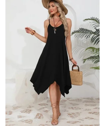 Kadın Ip Askılı Yuvarlak Yakalı Asimetrik Kesim Viskon Elbise