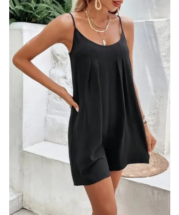 Kadın Ip Askılı Yuvarlak Yakalı Pileli Viskon Tulum