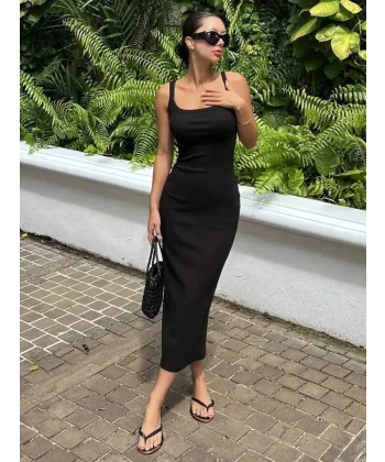 Kadın Ip Askılı Yuvarlak Yakalı Yırtmaçlı Midi Kaşkorse Elbise