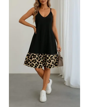 Kadın Ip Detaylı Kısa Elbise Askılı Yuvarlak Yakalı Viskon Etek Süprem Elbise