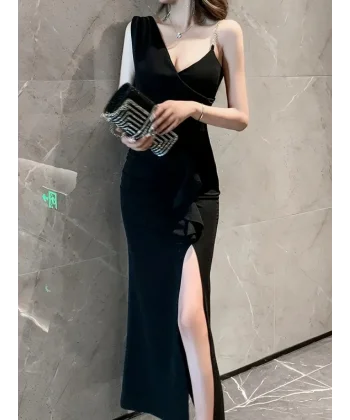 Kadın Ip Zincir Askılı Kruvaze Yakalı önden Fırfırlı Yırtmaçlı Janjan Krep Elbise