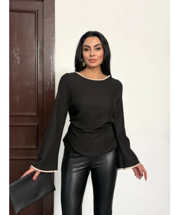 Kadın İspanyol Kol Arkası Bağcık Ip Detay Keten Bluz