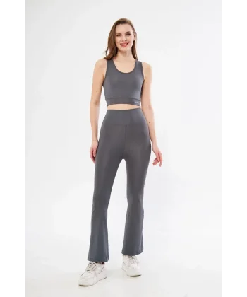 Kadın İspanyol Paça Taytli Croplu Takım - Füme