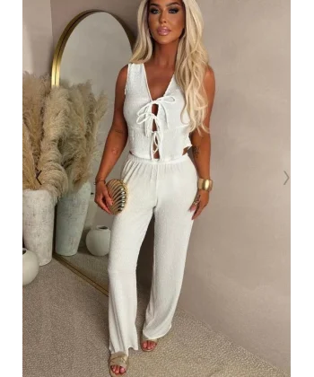 Kadın Ital Piliseli Kumaş önde Bağcık Detaylı Takım