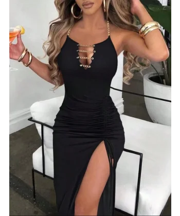 Kadın Ithal Full ikralı andy Kumaş Kuşgözü Ve etal Zincir Detaylı Asansör Büzgülü Yırtmaç Dekolteli axi Boy Elbise