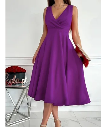 Kadın Ithal Krep Kumaş Kruvaze Yaka Eteği Kloş Kolsuz Midi Elbise