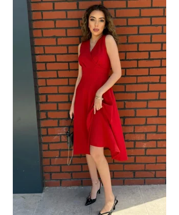 Kadın Ithal Krep Kumaş Kruvaze Yaka Eteği Kloş Kolsuz Mini Elbise