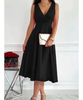 Kadın Ithal Krep Kumaş Kruvaze Yaka Eteği Kloş Kolsuz Mini Elbise