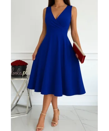 Kadın Ithal Krep Kumaş Kruvaze Yaka Eteği Kloş Kolsuz Mini Elbise