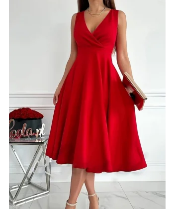 Kadın Ithal Krep Kumaş Kruvaze Yaka Eteği Kloş Kolsuz Mini Elbise