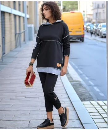 Kadın iyah Kapşonlu Etek Ucu Detay Arma Ters Dikiş Gorunumlu Ikili Takım