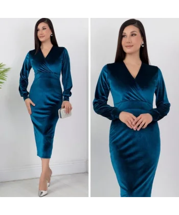 Kadın Kadife Kumaş anşetli V Yaka Şık Kalem Elbise