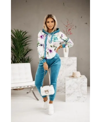 Kadın Kadife Kumaş Uzun Kollu Kapüşon Detay çiçek Baskılı Sweat Ve Pantolon Ikili Takım