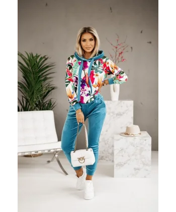 Kadın Kadife Kumaş Uzun Kollu Kapüşon Detay çiçek Baskılı Sweat Ve Pantolon Ikili Takım