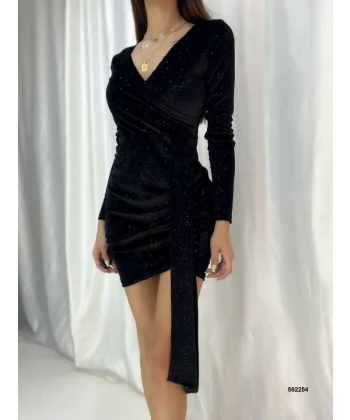 Kadın Kadife Kumaş V Yaka Belde Kuşak Detaylı imli ini Boy Elbise