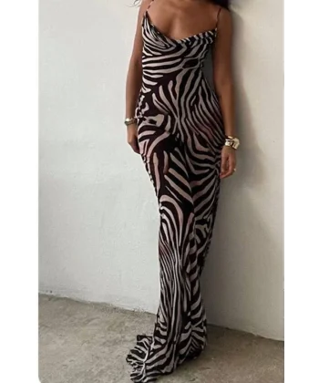 Kadın Kadın Ip Askılı Dökümlü Yaka Zebra Desen Maxi Boy Elbise