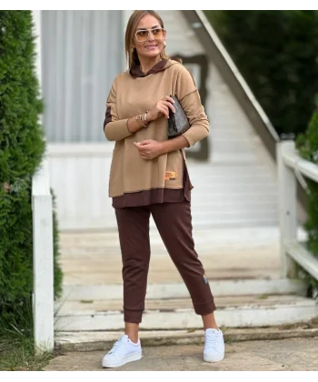 Kadın Kahve Kapşonlu Etek Ucu Detay Arma Ters Dikiş Gorunumlu Ikili Takım