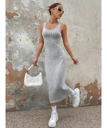 Kadın Kalın Askılı Kare Yaka Fitilli Kaşkorse Midi Boy Elbise