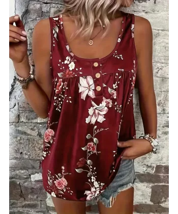 Kadın Kalın Askılı önü Düğme Detay çiçek Desen Bluz