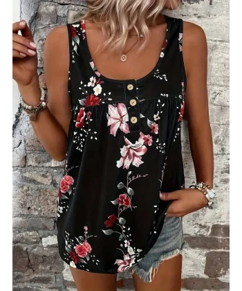 Kadın Kalın Askılı önü Düğme Detay çiçek Desen Bluz