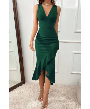 Kadın Kalın Askılı V Yaka Etek Ucu önden Arkaya Volan Detay Ithal Krep Kumaş Mezuniyet Düğün özel Tasarım Elbise Abiye