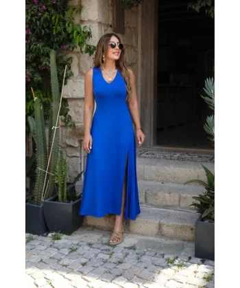 Kadın Kalın Askılı V Yaka Yırtmaç Detay Viskon Elbise