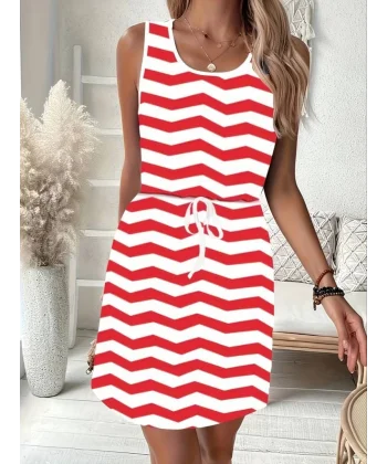 Kadın Kalın Askılı Yuvarlak Yaka Belden Kuşaklı Desenli Kısa Süprem Elbise