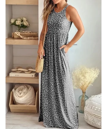 Kadın Kalın Askılı Yuvarlak Yaka Cepli Süprem Maksi Elbise