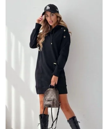 Kadın Kanguru Cep Kapüşonlu Iki Iplik Tunik Elbise