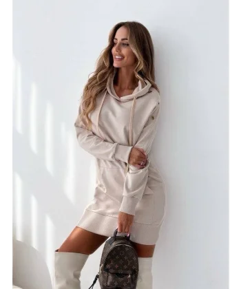 Kadın Kanguru Cep Kapüşonlu Iki Iplik Tunik Elbise