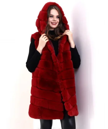 Kadın Kapşonlu Peluş Kürk Yelek Premium Kalite, Tam Astarlı, Uzun Model - Kırmızı