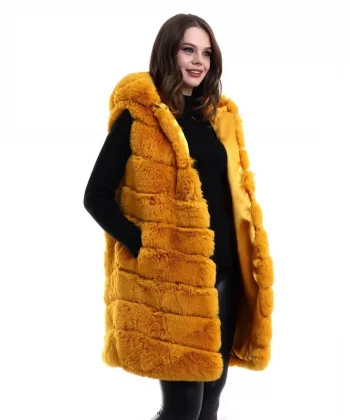 Kadın Kapşonlu Peluş Kürk Yelek Premium Kalite, Tam Astarlı, Uzun Model - Sarı