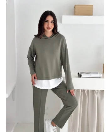 Kadın Kapşunlu Ve Atlet Detaylı Tunik Yüksek Bel Pantolunlu ıkılı Takım