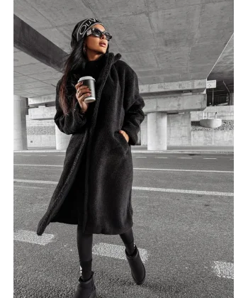 Kadın Kapüşon Ve Cep Detay Uzun Wellsoft Kaban