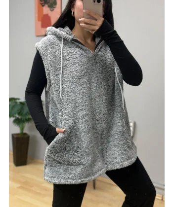 Kadın Kapüşon Ve Fermuar Detay Welsoft Kolsuz Yelek