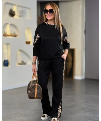 Kadın Kapüşonlu eopar Detay weat Ve Yüksek Bel Yanları eopar şeritli Bol Paça Pantolon Ikili Takım