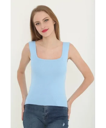 Kadın Kare Yaka Detay Crop - Mavi