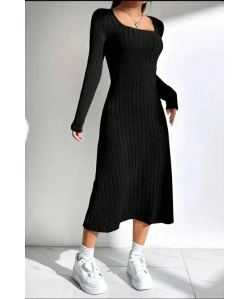 Kadın Kare Yaka Fitilli Kaşkorse Kumaş Midi Boy Elbise