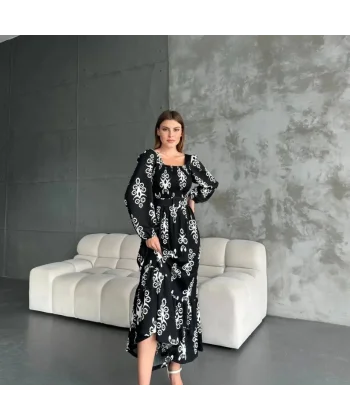 Kadın Kare Yaka Gipe Ve Baskı Detay Kemer Dahil Volanlı Maxi Boy Elbise
