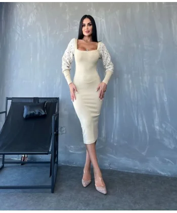 Kadın Kare Yaka Kolları anşet Ve Tül Detay Fırsat ürün idi Boy Elbise