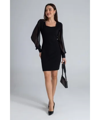 Kadın Kare Yaka Kolları Tül Sandy Kumaş Fırsat ürün ini Siyah Elbise