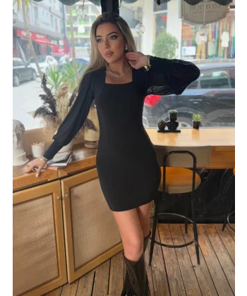 Kadın Kare Yaka Kolları Tül Sandy Kumaş Fırsat ürün ini Siyah Elbise