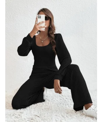 Kadın Kare Yaka Uzun Kollu Bluz Ve Pantolon Ikili Takım