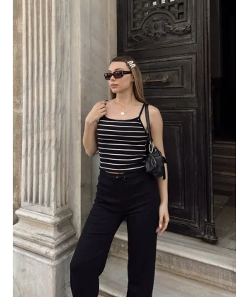 Kadın Kaşkorse Kumaş Askılı çizgili Takım